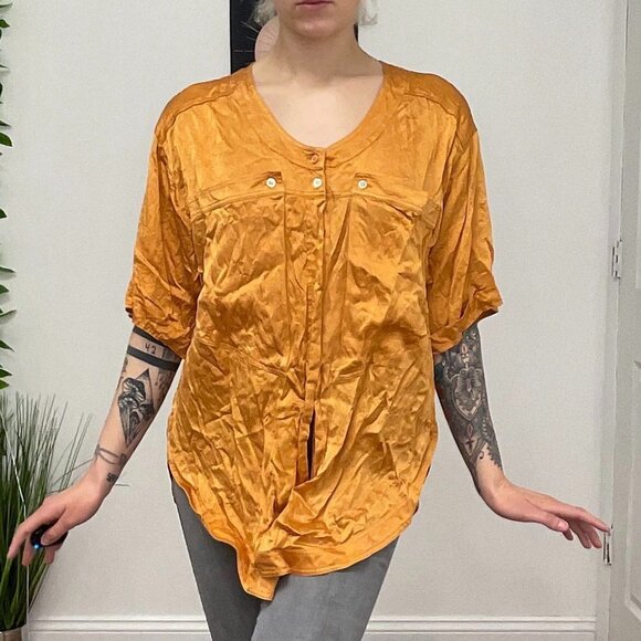 Vintage Escada Short Sleeve Button-Up Tunic Blouse Size 10 Orange - Picture 1 of 10